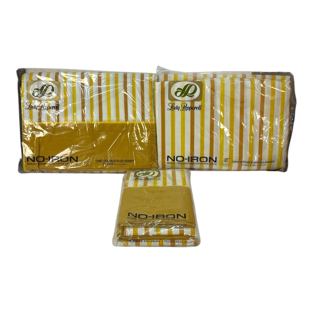 Vtg Lady Pepperell Full / Double Sheet Set Yellow Stripe Muslin Cotton Blend